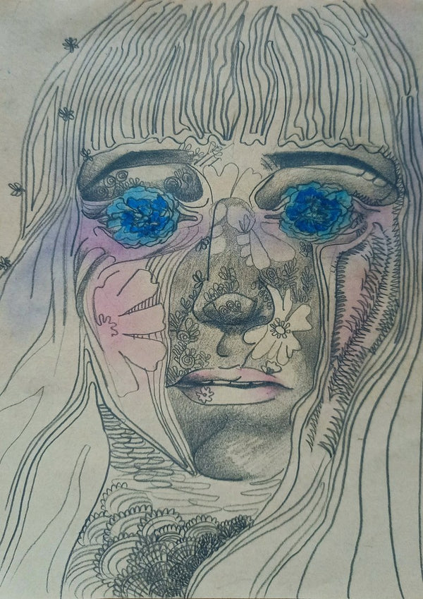 Awe by Alice Ruja - pencil portrait of a woman with long hair and blue flowers for eyes