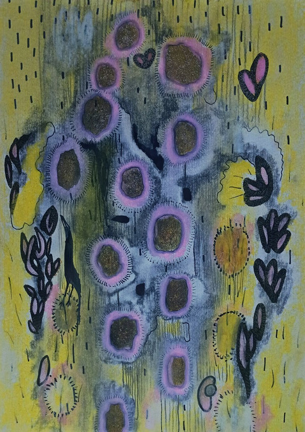 Summer rain by Alice Ruja - pink-rimmed golden drops, black leaves and hearts over yellow and violet washes