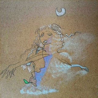 Ballerina 2 by Alice Ruja - line drawing of a ballerina with outstretched arms in pale blue chalk on brown card