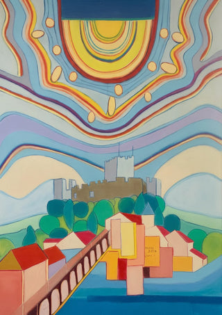 Tomar by day by Gerard Ceulemans - hill town with a grey castle, colourful houses and an arched bridge under a striped sky