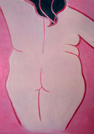 Her time by karti - woman seen from behind painted in pale pink with raspberry outlines on a pink background