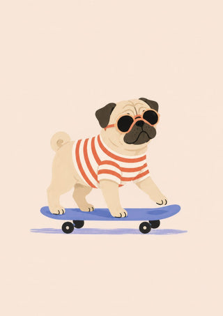 Pug on a Skateboard by Decker Studios - cream pug in orange sunglasses and a striped shirt riding a blue skateboard