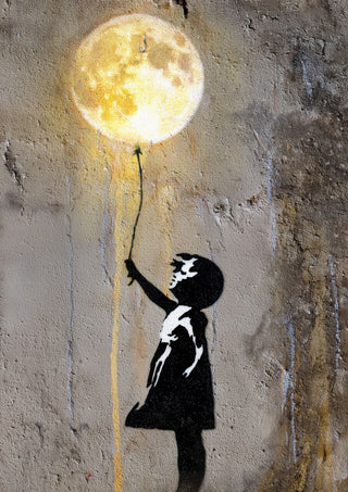 Moon Balloon by Decker Studios - stencilled girl in a black dress reaching for a glowing moon on a string on a concrete wall