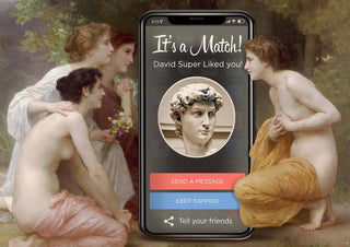 David Match by Dikhotomy - women in draped cloth around a giant phone showing a dating app match with the statue of David