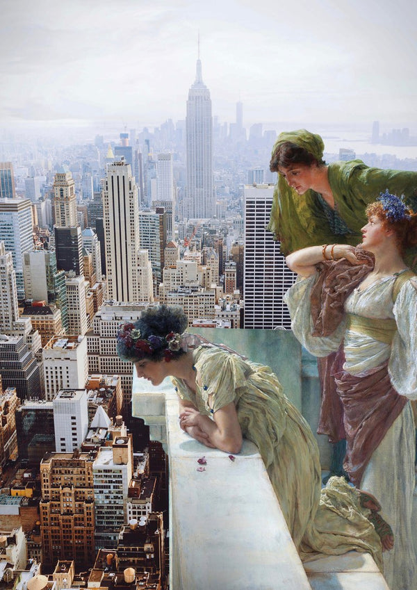 Manhattan View by Dikhotomy - three women in neoclassical gowns at a marble parapet looking out over the Manhattan skyline