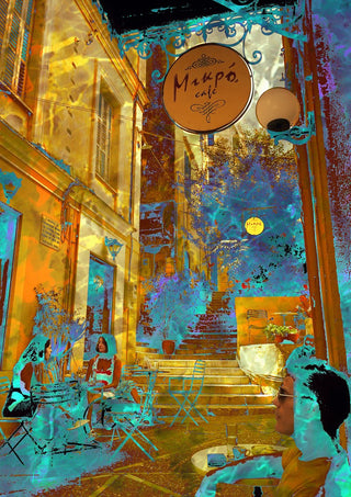Mikro Cafe by Pelecan Schneider - Corfu alley with a round café sign, broken into patches of turquoise and gold