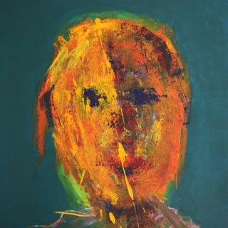 Head in Orange by René J - a head in orange and red with dark eye hollows on flat teal