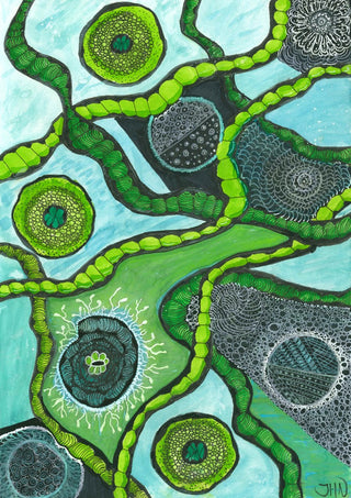 Green Cells by JHN.ByHjort - lime green and grey patterned cells linked by beaded stems on turquoise