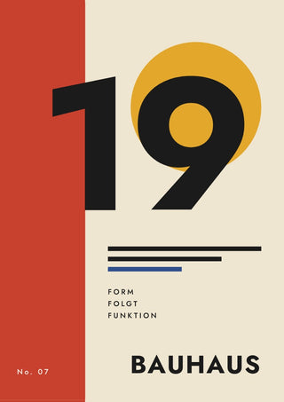 Bauhaus Neunzehn by ARTSY FARTSY, Bauhaus poster with large black 19 over a mustard circle beside a red band