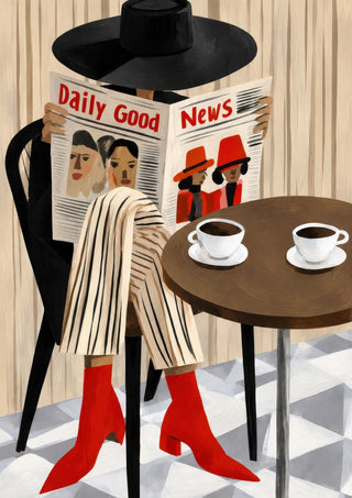 My Coffee Break by Martina Karlsson - a figure in a black hat reading a newspaper at a café table with two coffees