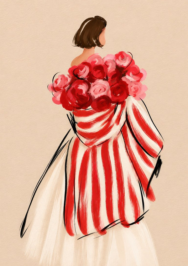 My Flowers by Martina Karlsson - a woman seen from behind in a red-striped shawl with red and pink roses