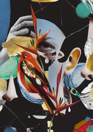 I've never woken up so early by Rocio Montoya - a red bird and cut faces on a black collage ground