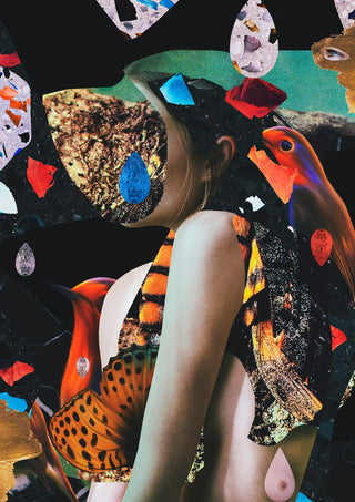 When the door slammed shut by Rocio Montoya - a cut figure with butterfly wings and stone on black