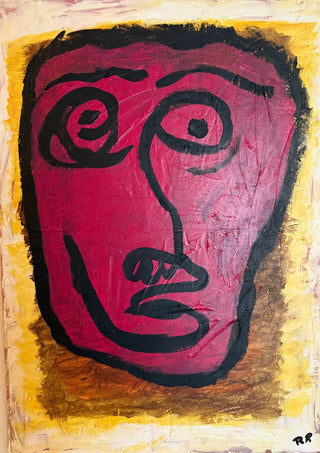 Livrädd by RR - a deep magenta face with thick black lines on an ochre and cream border