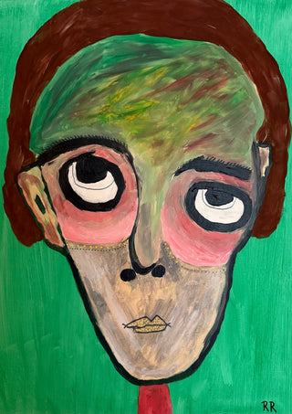 Hjärnspöken by RR - a large-eyed head in green and auburn with pink patches under the eyes