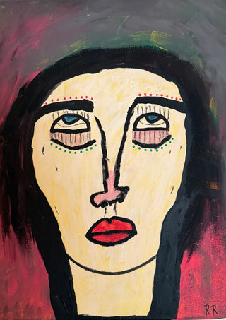Rock n Roll by RR - a pale face with red lips and black hair against a dark crimson ground