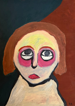Kreativ by RR - a rust-haired head with pink-ringed eyes above a cream turtleneck