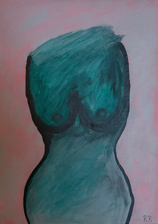 Kroppen by RR - a teal painted torso, armless and headless, on a pink and grey ground