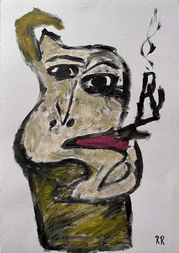 Pipan by RR - an olive and grey face smoking, with magenta lips on a bare white ground