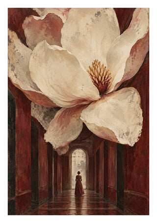 Magnolia in the Hall by Matthews Gallerie - a giant white magnolia filling a deep red corridor