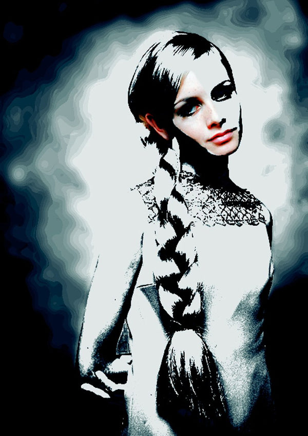 Twiggy by Pelecan Schneider - a high-contrast portrait with a dark fringe and a long plait