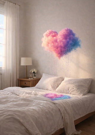 A Private Weather by Haris Delic - a heart-shaped cloud raining glitter over a bed in a pale room