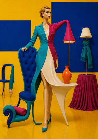 The Room That Wore Her by Haris Delic - a woman whose dress becomes a table in a yellow and blue room