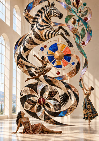 Orbit of the Wild by Haris Delic - dancers around a spiralling zebra sculpture in a sunlit hall