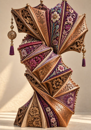 The Unfolding Archive by Haris Delic - a folded sculpture of carved wood, copper and embroidered textile