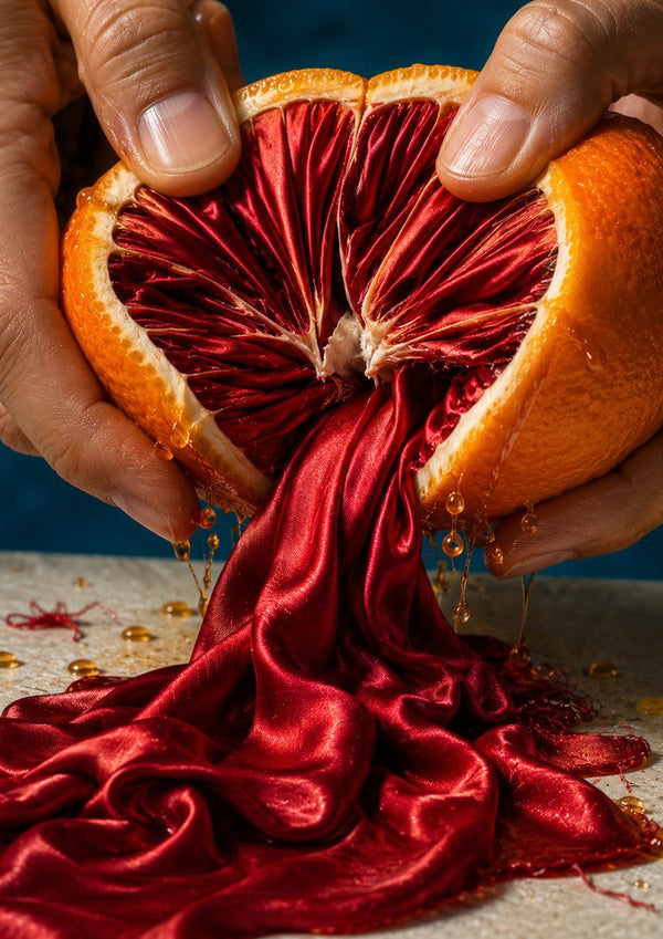 Unfolding Scarlet by Haris Delic - an orange opened to reveal deep red satin pouring onto the table
