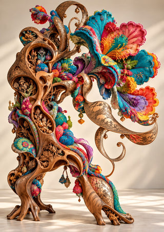 The Garden That Remembered by Haris Delic - a carved wooden sculpture bursting into embroidered flowers