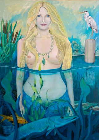 Die Tochter des Wassermann by Andreas Pohle - a blonde water spirit with a scaled tail among reeds and fish