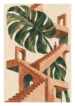 The Green Staircase by Matthews Gallerie - a giant monstera leaf over terracotta stairs and arches