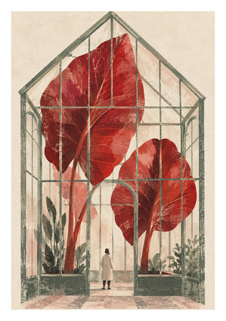 The Red Conservatory by Matthews Gallerie - two giant red leaves filling a green-framed glasshouse