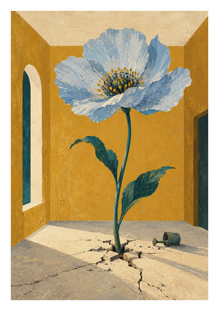 The Room That Bloomed by Matthews Gallerie - a blue poppy growing through a cracked floor in an ochre room