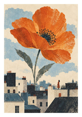 Blooming Above the Roofs by Matthews Gallerie - a giant orange poppy rising over pale city rooftops