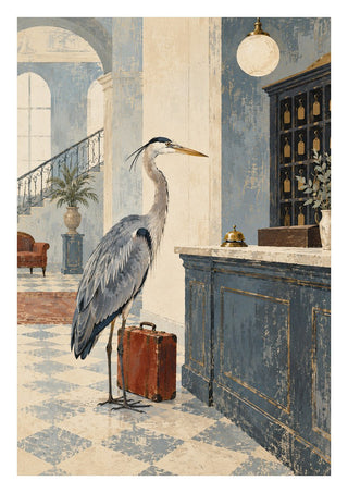 The Heron Checks In by Matthews Gallerie - a grey heron with a suitcase at an old hotel reception desk