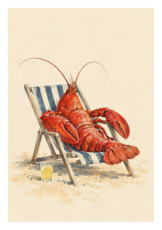 The Lobster’s Day Off by Matthews Gallerie - a red lobster reclining in a striped deckchair with lemonade