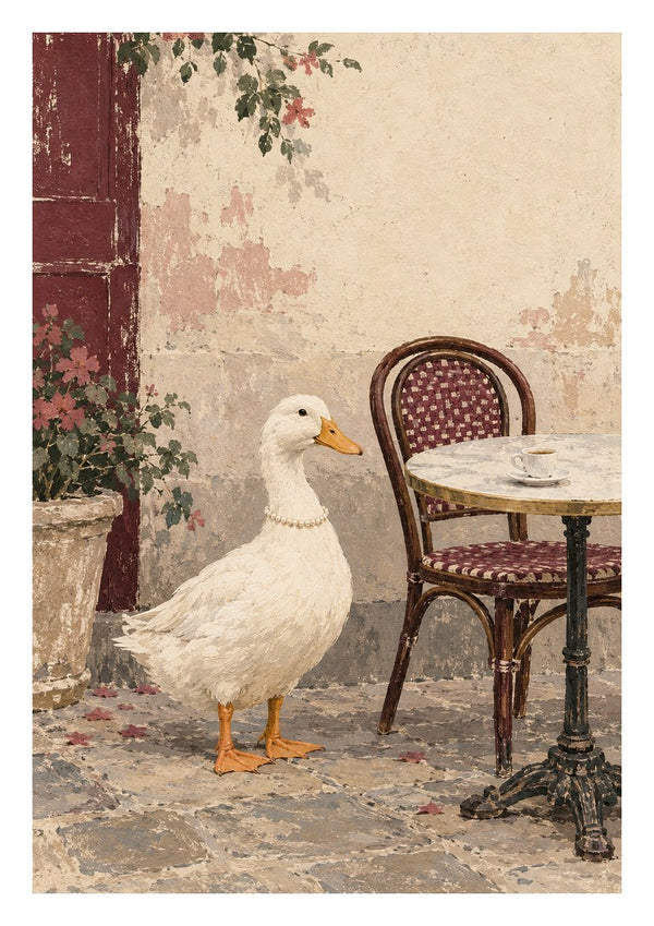 The Duck Wore Pearls by Matthews Gallerie - a pearl-wearing duck beside a café table with an espresso
