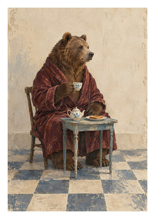 Tea Before Noon by Matthews Gallerie - a bear in a red dressing gown having tea and toast