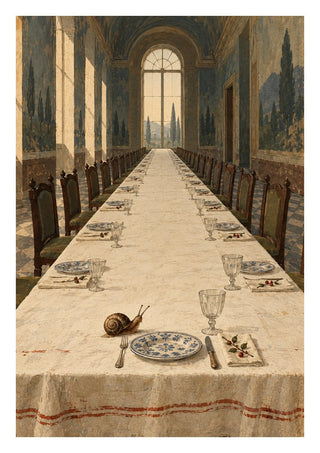 The Snail Arrives Early by Matthews Gallerie - a snail on an empty banquet table in a frescoed hall