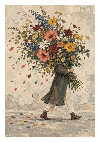 Carrying Spring by Matthews Gallerie - a figure hidden behind an enormous bouquet of wildflowers