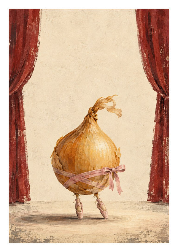 The Onion’s Last Dance by Matthews Gallerie - a golden onion en pointe on a stage between red curtains