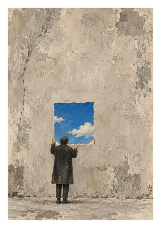 Borrowed Sky by Matthews Gallerie - a man peeling a square of blue sky from a grey wall