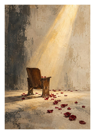 After the Applause by Matthews Gallerie - an empty theatre seat in a shaft of light with scattered rose petals