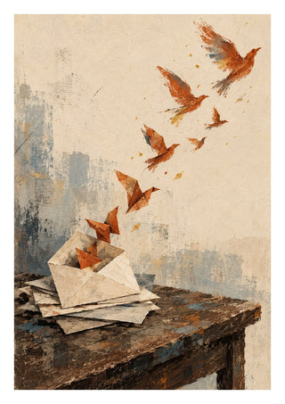 Things We Never Mailed by Matthews Gallerie - paper birds rising from a stack of envelopes on a dark table