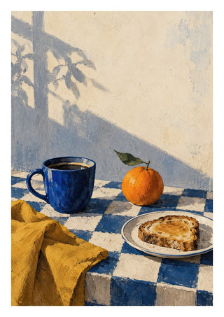 Blue Hour Breakfast by Matthews Gallerie - coffee, an orange and toast on a blue chequered cloth