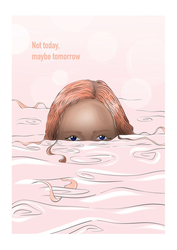Maybe tomorrow by Lisen Vennesland - a woman floating in pink water with only her eyes above the surface