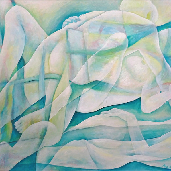 The Creation of the World by Andreas Pohle - two translucent nude figures intertwined in cream and turquoise