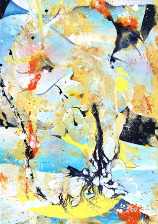 Composition Yellow on Blue by Andreas Pohle - yellow and ochre with orange splashes and dripped black ink on blue